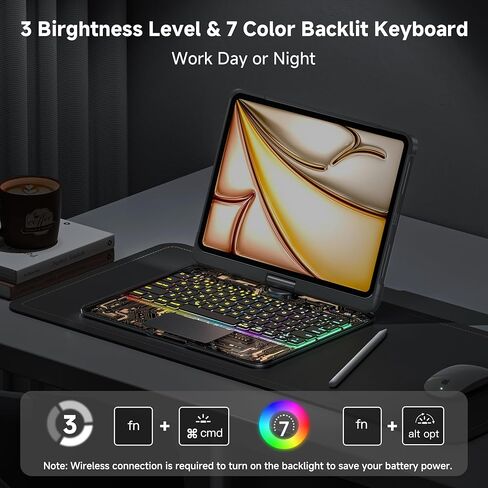 حافظة لوحة مفاتيح شفافة لجهاز iPad Air 11 بوصة (M3 2025/M2 2024)، Air 5th/4th Gen 10.9 بوصة وiPad Pro 11 بوصة (4th-1st) - لوحة تتبع متعددة اللمس، حامل دوار 360 درجة، إضاءة خلفية 7 ألوان، حامل أقلام رصاص، أسود in Kuwait