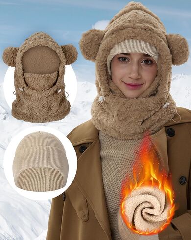 2 Pcs Winter Balaclava Face Mask Fleece Windproof Ski Mask Neck Warmer Scarf Helmet Hood Bear Ears Cap for Women in Saudi Arabia