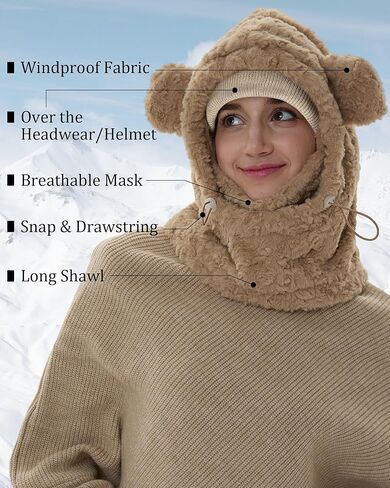 2 Pcs Winter Balaclava Face Mask Fleece Windproof Ski Mask Neck Warmer Scarf Helmet Hood Bear Ears Cap for Women in Saudi Arabia