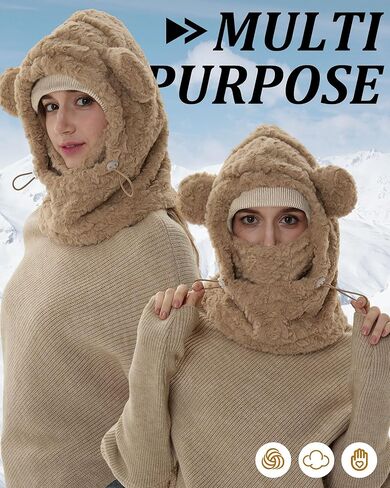 2 Pcs Winter Balaclava Face Mask Fleece Windproof Ski Mask Neck Warmer Scarf Helmet Hood Bear Ears Cap for Women in Saudi Arabia