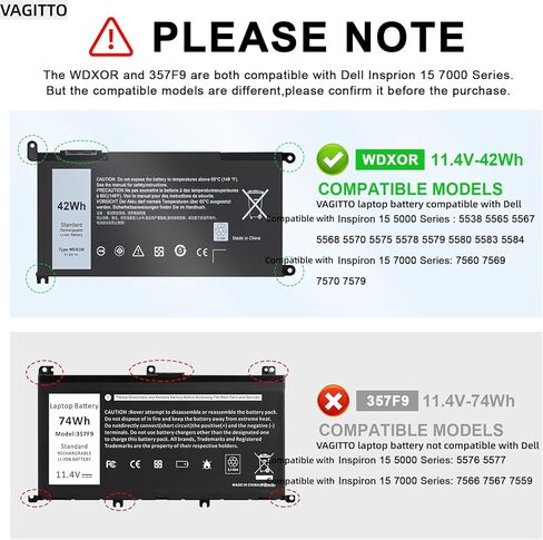 42Wh WDX0R Laptop Battery Compatible with Dell Inspiron 15 7579 7569 7560 5567 5565 5568 5570 5775, 13 5368 5378 7368 7378, 17 5765 5767, WDXOR P58F 3CRH3 P69G in Saudi Arabia