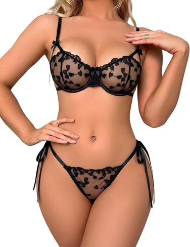 Avidlove Tie Side Underwire Lingerie Sets for Women Sexy Strappy Sheer Embroidered Bra and Panty in Saudi Arabia