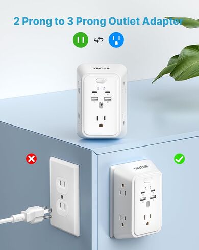 محول منفذ VINTAR من 2 إلى 3 شوكات، شريط طاقة 2 شوكة مع 5 منافذ تيار متردد و4 USB (2 USB C)، قابس مستقطب، واقي من زيادة التيار متباعدة على نطاق واسع من 3 جوانب، حامل على الحائط للمنازل والفنادق القديمة بمقابس غير مؤرضة in Kuwait