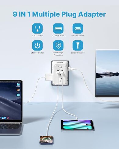محول منفذ VINTAR من 2 إلى 3 شوكات، شريط طاقة 2 شوكة مع 5 منافذ تيار متردد و4 USB (2 USB C)، قابس مستقطب، واقي من زيادة التيار متباعدة على نطاق واسع من 3 جوانب، حامل على الحائط للمنازل والفنادق القديمة بمقابس غير مؤرضة in Kuwait