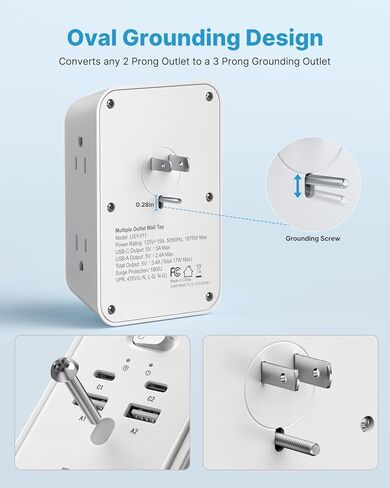 محول منفذ VINTAR من 2 إلى 3 شوكات، شريط طاقة 2 شوكة مع 5 منافذ تيار متردد و4 USB (2 USB C)، قابس مستقطب، واقي من زيادة التيار متباعدة على نطاق واسع من 3 جوانب، حامل على الحائط للمنازل والفنادق القديمة بمقابس غير مؤرضة in Kuwait