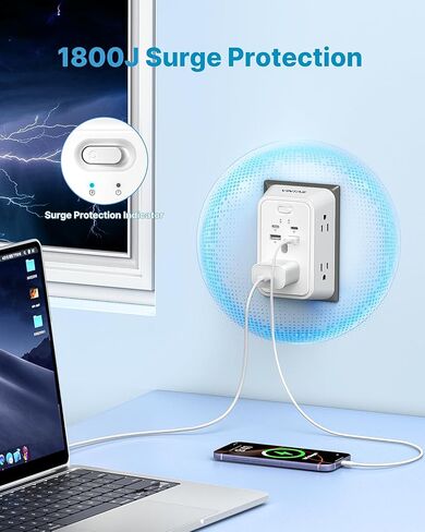 محول منفذ VINTAR من 2 إلى 3 شوكات، شريط طاقة 2 شوكة مع 5 منافذ تيار متردد و4 USB (2 USB C)، قابس مستقطب، واقي من زيادة التيار متباعدة على نطاق واسع من 3 جوانب، حامل على الحائط للمنازل والفنادق القديمة بمقابس غير مؤرضة in Kuwait