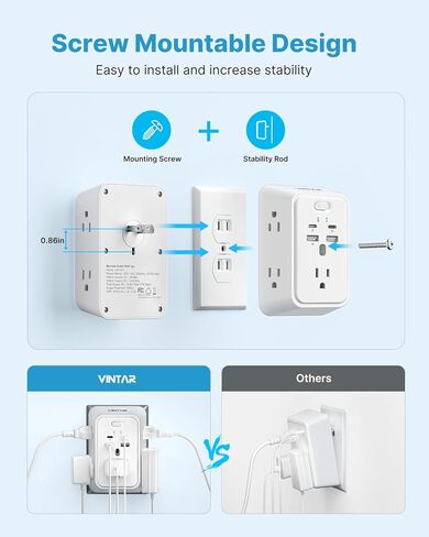 محول منفذ VINTAR من 2 إلى 3 شوكات، شريط طاقة 2 شوكة مع 5 منافذ تيار متردد و4 USB (2 USB C)، قابس مستقطب، واقي من زيادة التيار متباعدة على نطاق واسع من 3 جوانب، حامل على الحائط للمنازل والفنادق القديمة بمقابس غير مؤرضة in Kuwait