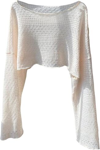 SHENHE Women's Plus Size Shrug Sweater Bell Sleeve Boat Neck Loose Knitted Crop Sweaters in Saudi Arabia