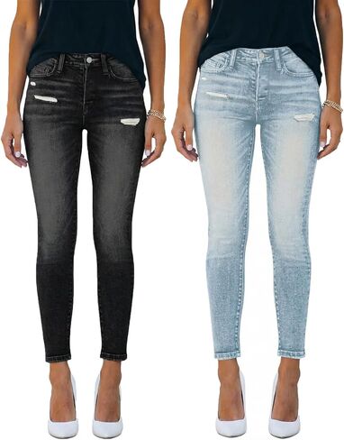 PerZeal Women's Mid Waisted Jeans Trendy Distressed Stretch Ripped Denim Pants (Pack of 2) in Saudi Arabia
