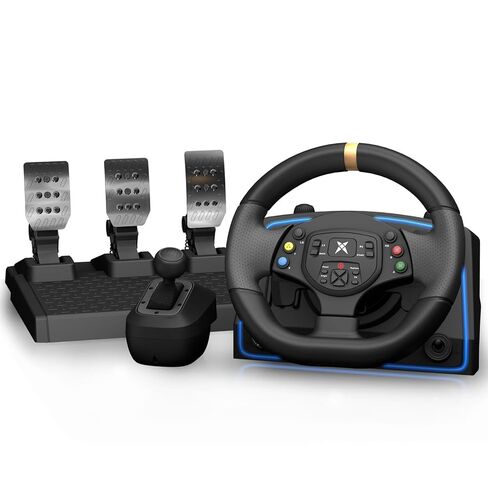 NBCP PC Racing Wheel - عجلة قيادة للألعاب بزاوية 1080 درجة مع ناقل حركة بنمط H بـ 6 سرعات ودواسة خطية، وتعديل الحساسية، وقفل الزاوية، وعجلة قيادة ألعاب مزدوجة الاهتزاز للكمبيوتر الشخصي، PS3 in Kuwait