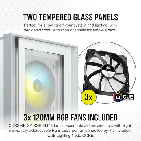 CORSAIR iCUE 4000X RGB Tempered Glass Mid-Tower ATX PC Case - 3X SP120 RGB Elite Fans - iCUE Lighting Node CORE Controller - High Airflow - White (Renewed) in Saudi Arabia