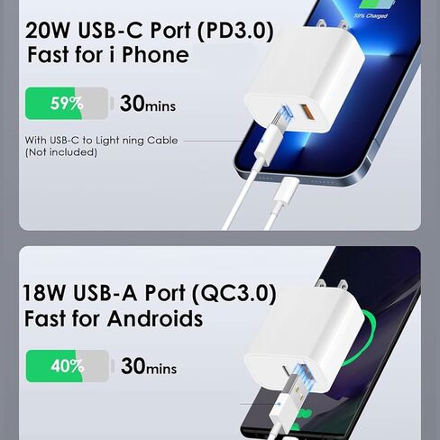 كتلة طاقة USB، محول شحن حائطي، شاحن ثنائي المنفذ مع كابلات c إلى c لهاتف iPhone 17/16/16 Pro Max/15 Series/Pro والمزيد (أبيض، 3 عبوات) in Saudi Arabia
