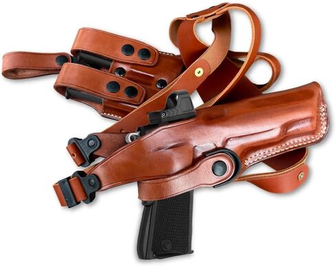 نظام حافظة كتف عمودية من الجلد الفاخر متوافق مع Optic Ready/Red Dot مع حامل مجلة مزدوج - يناسب معيار 1911 5 "Colt، Kimber، para، Springfieldd - رسم اليد اليمنى - بني in Kuwait