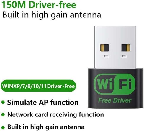 محول USB WiFi، 2.4 جيجا هرتز / 150 ميجابت في الثانية، التوصيل والتشغيل، هوائي مدمج عالي الكسب، محول USB لأجهزة الكمبيوتر المكتبية/الكمبيوتر المحمول، متوافق مع Windows 11/10/8/7/XP in Kuwait