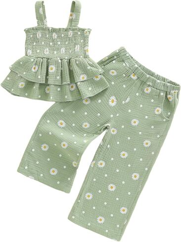 Toddler Baby Girl Summer Clothes Bow Dasiy Spring Fall Outfit Cotton Linen Sleeveless Smocked Camisole Tank Top Pant in Kuwait