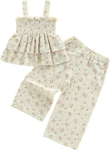 Toddler Baby Girl Summer Clothes Bow Dasiy Spring Fall Outfit Cotton Linen Sleeveless Smocked Camisole Tank Top Pant in Saudi Arabia