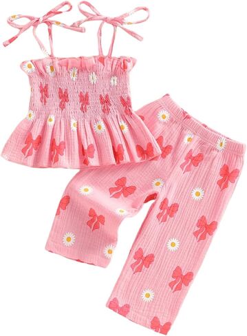 Toddler Baby Girl Summer Clothes Bow Dasiy Spring Fall Outfit Cotton Linen Sleeveless Smocked Camisole Tank Top Pant in Saudi Arabia