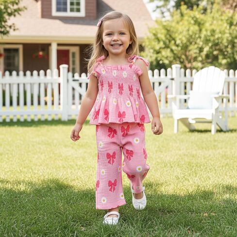 Toddler Baby Girl Summer Clothes Bow Dasiy Spring Fall Outfit Cotton Linen Sleeveless Smocked Camisole Tank Top Pant in Saudi Arabia