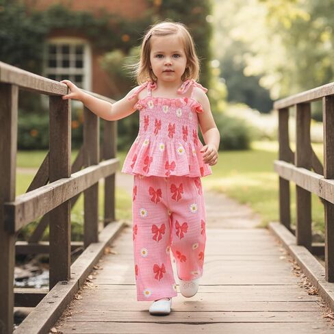 Toddler Baby Girl Summer Clothes Bow Dasiy Spring Fall Outfit Cotton Linen Sleeveless Smocked Camisole Tank Top Pant in Saudi Arabia