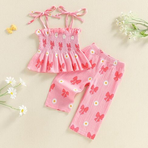 Toddler Baby Girl Summer Clothes Bow Dasiy Spring Fall Outfit Cotton Linen Sleeveless Smocked Camisole Tank Top Pant in Saudi Arabia