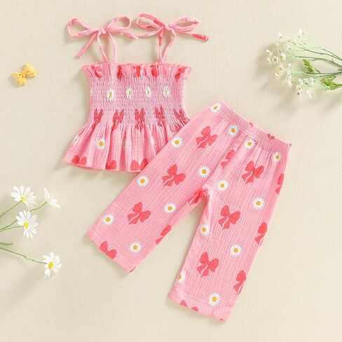 Toddler Baby Girl Summer Clothes Bow Dasiy Spring Fall Outfit Cotton Linen Sleeveless Smocked Camisole Tank Top Pant in Saudi Arabia