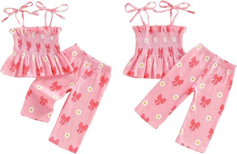 Toddler Baby Girl Summer Clothes Bow Dasiy Spring Fall Outfit Cotton Linen Sleeveless Smocked Camisole Tank Top Pant in Saudi Arabia