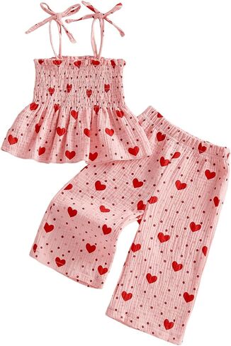 Toddler Baby Girl Summer Clothes Bow Dasiy Spring Fall Outfit Cotton Linen Sleeveless Smocked Camisole Tank Top Pant in Saudi Arabia