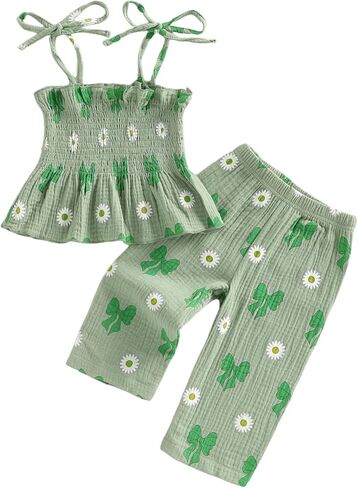 Toddler Baby Girl Summer Clothes Bow Dasiy Spring Fall Outfit Cotton Linen Sleeveless Smocked Camisole Tank Top Pant in Saudi Arabia