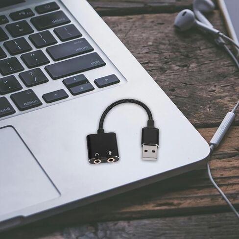 USB Sound Card Adapter and Headset Audio Splitter for PC and Laptop, External USB to Headphone and Microphone Jack Converter, Black, Compatible with Computers, Tablets, and in Saudi Arabia