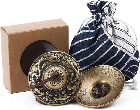 التبتية tingsha cymbals التأمل أجراس الرنين 2.5 "أوم ماني بادمي هوم النحاس الجرس مع صندوق هدية الرباط حقيبة القماش لشفاء الصوت، اليوغا، أدوات التأمل تخفيف التوتر in Kuwait