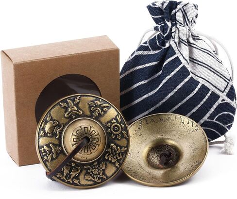 التبتية tingsha cymbals التأمل أجراس الرنين 2.5 "أوم ماني بادمي هوم النحاس الجرس مع صندوق هدية الرباط حقيبة القماش لشفاء الصوت، اليوغا، أدوات التأمل تخفيف التوتر in Kuwait