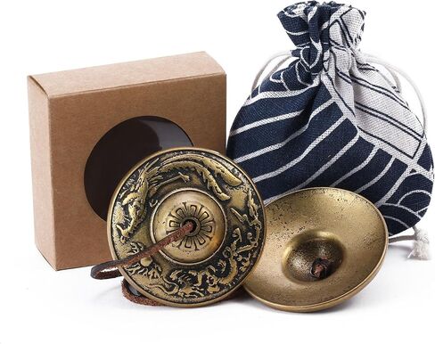 التبتية tingsha cymbals التأمل أجراس الرنين 2.5 "أوم ماني بادمي هوم النحاس الجرس مع صندوق هدية الرباط حقيبة القماش لشفاء الصوت، اليوغا، أدوات التأمل تخفيف التوتر in Kuwait