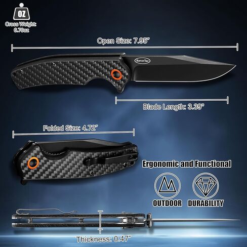 سكين جيب قابل للطي من RoverTac، شفرة D2 من الفولاذ المقاوم للصدأ مع مقبض من ألياف الكربون ومشبك قفل للجيب، مثالي للتخييم والتنزه سيرًا على الأقدام EDC، هدايا للرجال في عيد الميلاد in Kuwait