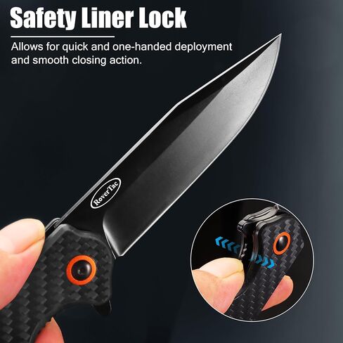 سكين جيب قابل للطي من RoverTac، شفرة D2 من الفولاذ المقاوم للصدأ مع مقبض من ألياف الكربون ومشبك قفل للجيب، مثالي للتخييم والتنزه سيرًا على الأقدام EDC، هدايا للرجال في عيد الميلاد in Kuwait