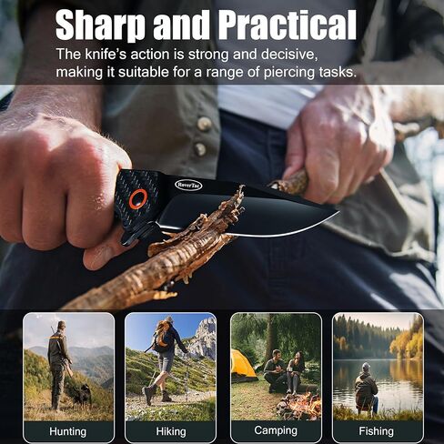 سكين جيب قابل للطي من RoverTac، شفرة D2 من الفولاذ المقاوم للصدأ مع مقبض من ألياف الكربون ومشبك قفل للجيب، مثالي للتخييم والتنزه سيرًا على الأقدام EDC، هدايا للرجال في عيد الميلاد in Kuwait