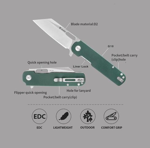 سكين جيب G770-GR EDC قابل للطي بشفرة حادة D2 من الفولاذ المقاوم للصدأ مقبض G10 مع مشبك خارجي قابل للطي وليس سكين أوتوماتيكي للصيد والصيد والمشي لمسافات طويلة أفضل هدية للرجال (أخضر) in Kuwait
