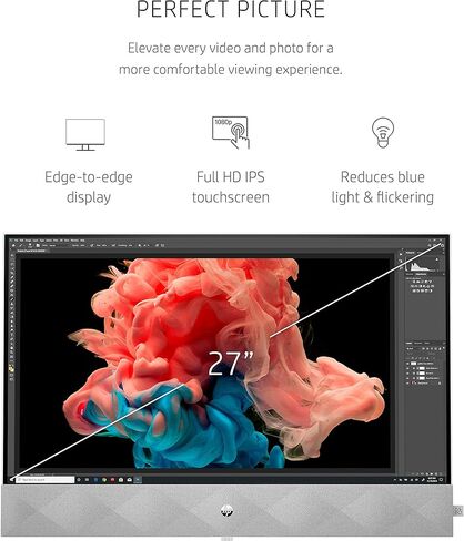 كمبيوتر HP Pavilion 27-d0080 مقاس 27 بوصة يعمل باللمس AIO i7-10700T وسعة 16 جيجابايت وسعة 1 تيرابايت SSD 9ED27AA (متجدد) in Kuwait
