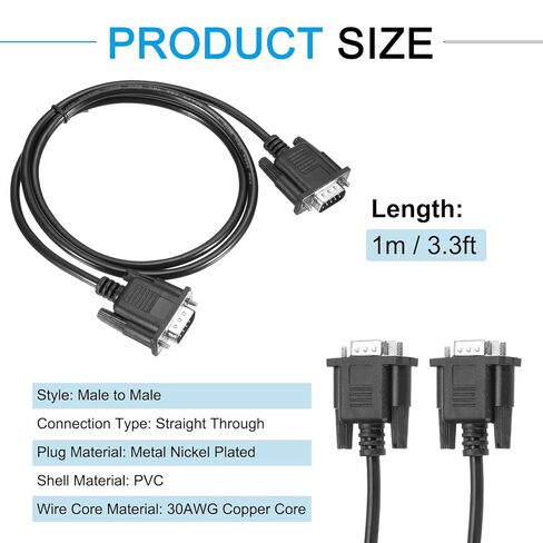 Generic 3.3 ft DB9 RS232 Serial Cable, Straight Through RS-232 Male to Male 9 Pin Extension Cable for Data Communication, Black in Saudi Arabia