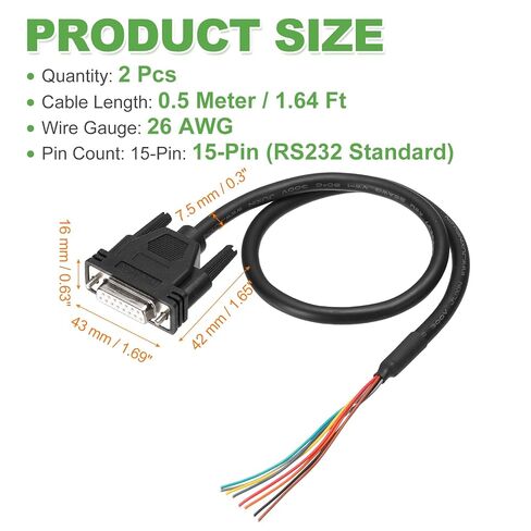 PATIKIL 2 Pcs 1.6 ft 26AWG DB15 Female Connector to Bare Wire END RS232 15-Pin Serial Extension Cable Double Shielded Gold Plated Female Connector, Black in Saudi Arabia