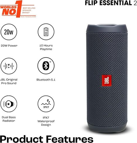 JBL Flip Essential 2 - مكبر صوت بلوتوث محمول، صوت قوي وجهير عميق، IPX7 مقاوم للماء، 10 ساعات من وقت اللعب للمنزل والخارج والسفر (Gun Metal) in Saudi Arabia