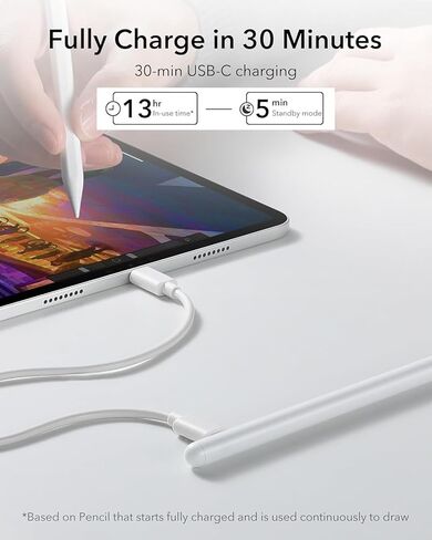 قلم ستايلس لجهاز iPad 2018-2025، حساسية للإمالة، رفض راحة اليد، متوافق مع iPad 11/10/9/8/7/6th Gen، Pro 12.9/11/13 بوصة M4، Air 3/4/5/M2/M3، Mini 5/6th، أبيض in Kuwait