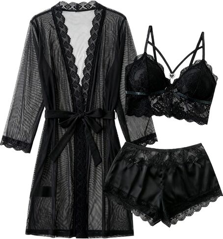 Avidlove طقم بيجامات نسائي مثير مكون من 3 قطع ملابس نوم من الدانتيل كامي ملابس نوم وحرير ساتان Pjs مع رداء كيمونو شبكي in Kuwait