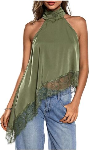 Milumia Women's Y2k Halter Mock Neck Sleeveless Top Lace Asymmetrical Hem Going Out Tank Tops in Saudi Arabia