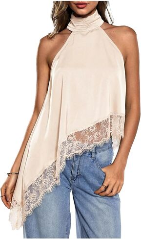 Milumia Women's Y2k Halter Mock Neck Sleeveless Top Lace Asymmetrical Hem Going Out Tank Tops in Saudi Arabia