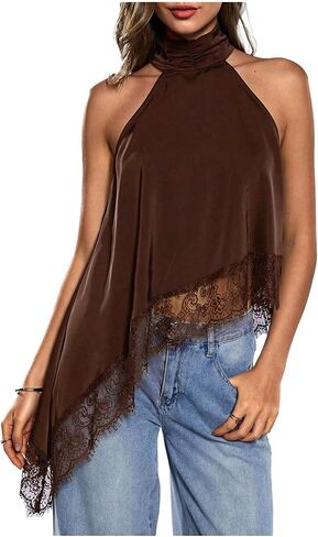 Milumia Women's Y2k Halter Mock Neck Sleeveless Top Lace Asymmetrical Hem Going Out Tank Tops in Saudi Arabia