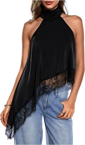 Milumia Women's Y2k Halter Mock Neck Sleeveless Top Lace Asymmetrical Hem Going Out Tank Tops in Saudi Arabia
