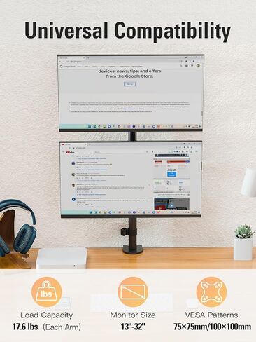 Stable Vertical Dual Monitor Stand, Stacked Monitor Mount for 2 Screens Up to 32 inch, Full Motion Monitor Desk Mount with Swivel, Tilt, Rotation, Holds 17.6 lbs Each, Max VESA 100x100mm in Saudi Arabia