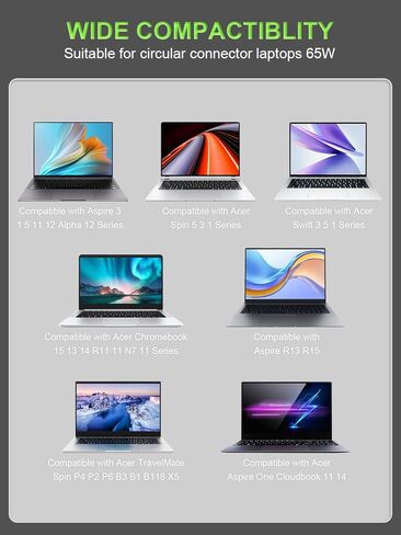شاحن 65 واط متوافق مع Acer Aspire 14 15 5 3 1 R14 R13 V13 Vero/Go 14 15، Spin 1 3 5، Swift 5 3 1 11 12، Chromebook R 11 R 13 14 15 CB3 CB5 C720، TravelMate P2 P4 P6 X3 لاب توب in Kuwait