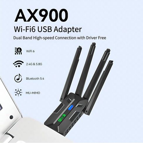 محول USB AX900 WiFi 6 مع محول Bluetooth 5.4 WiFi للكمبيوتر المكتبي والكمبيوتر المحمول، بطاقة لاسلكية مزدوجة النطاق، 4 هوائيات، بدون سائق، متوافق مع Windows 11/10/8/7 (4 هوائيات) (أسود) (2 في 1) in Kuwait