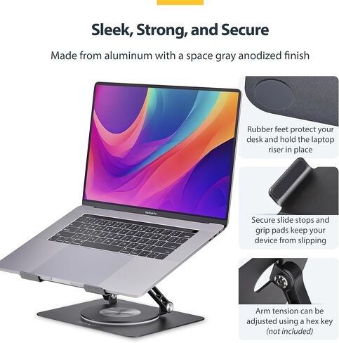 حامل كمبيوتر محمول دوار من StarTech.com، دوران 360 درجة، حامل مكتب مريح للكمبيوتر، ارتفاع/إمالة قابل للتعديل، 11 رطل/5 كجم، ألومنيوم in Kuwait